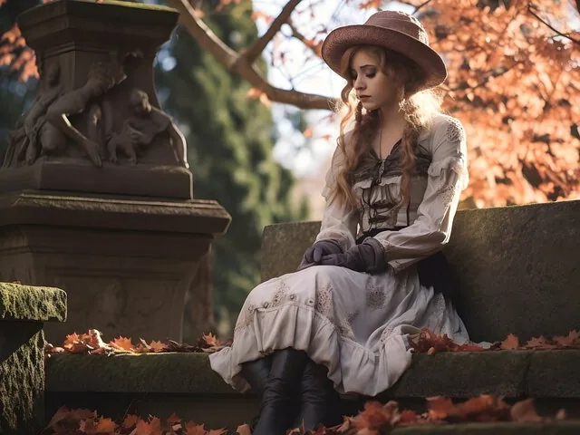Woman in vintage dress sitting on a bench in a cemetery